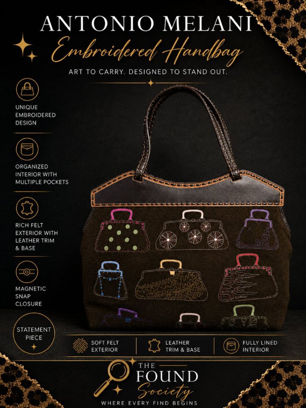 Antonio Melani Embroidered Felt & Leather Tote | Magnetic Snap | Artisan